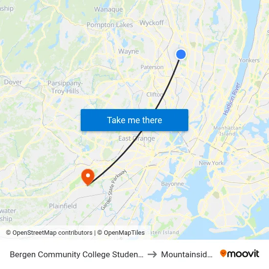 Bergen Community College Student Center to Mountainside, NJ map