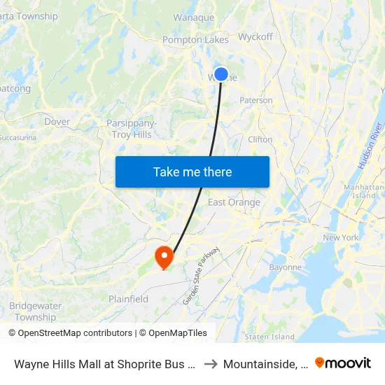 Wayne Hills Mall at Shoprite Bus Stop to Mountainside, NJ map