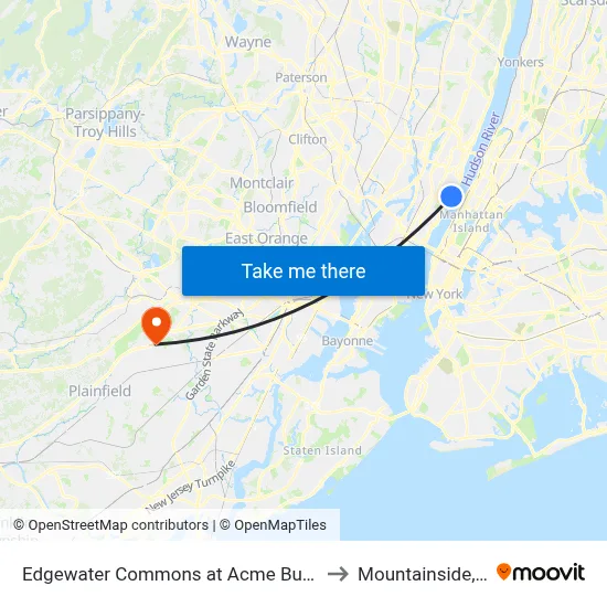 Edgewater Commons at Acme Bus Stop to Mountainside, NJ map