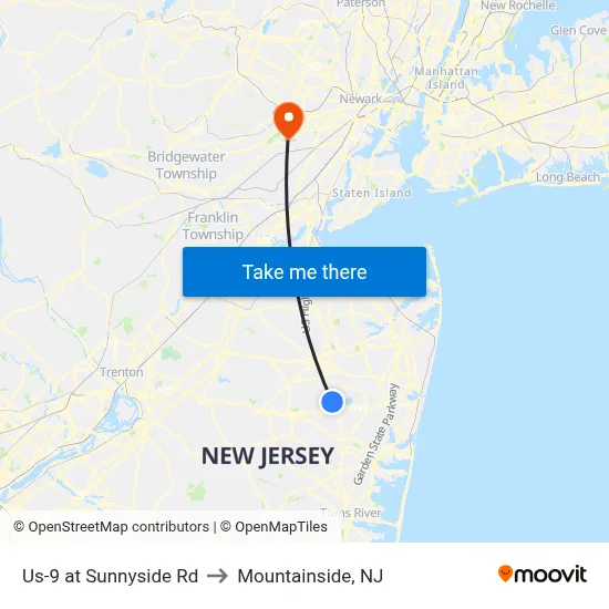 Us-9 at Sunnyside Rd to Mountainside, NJ map