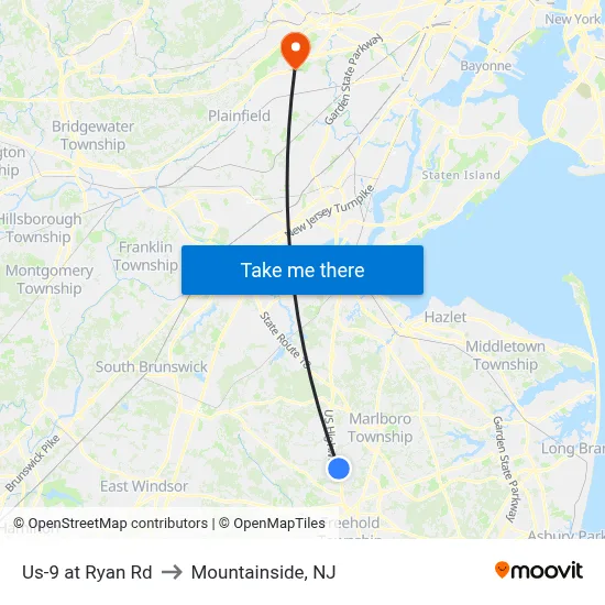 Us-9 at Ryan Rd to Mountainside, NJ map