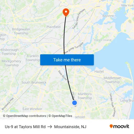 Us-9 at Taylors Mill Rd to Mountainside, NJ map