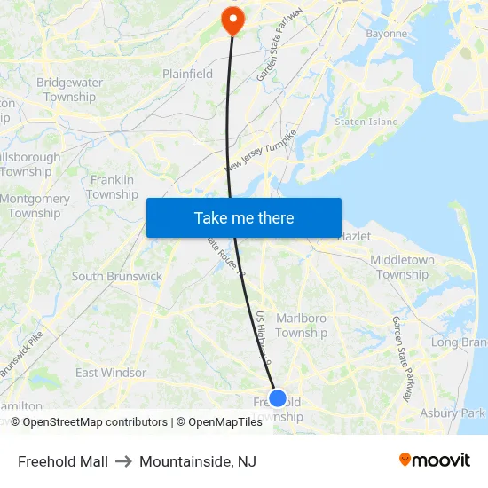 Freehold Mall to Mountainside, NJ map