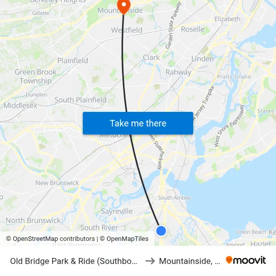 Old Bridge Park & Ride (Southbound) to Mountainside, NJ map