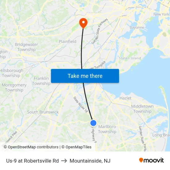 Us-9 at Robertsville Rd to Mountainside, NJ map