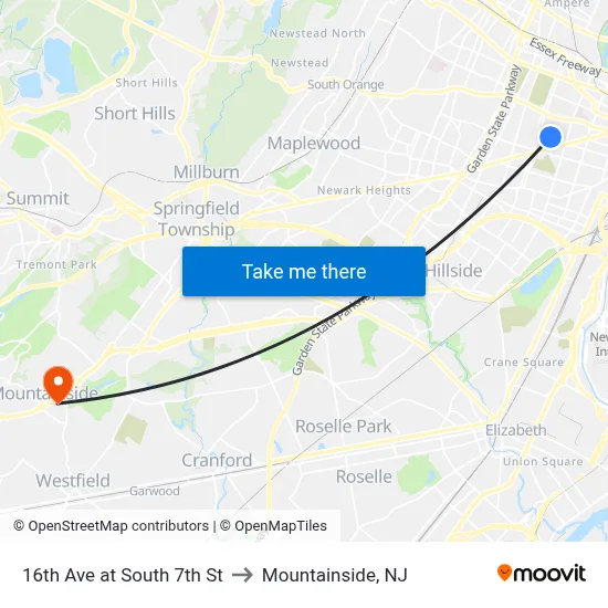16th Ave at South 7th St to Mountainside, NJ map