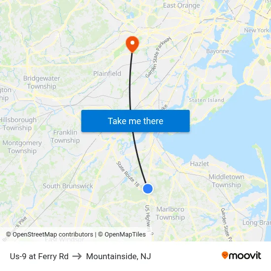 Us-9 at Ferry Rd to Mountainside, NJ map
