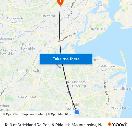 Rt-9 at Strickland Rd Park & Ride to Mountainside, NJ map