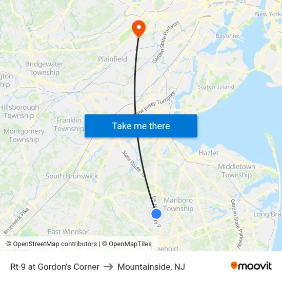 Rt-9 at Gordon's Corner to Mountainside, NJ map