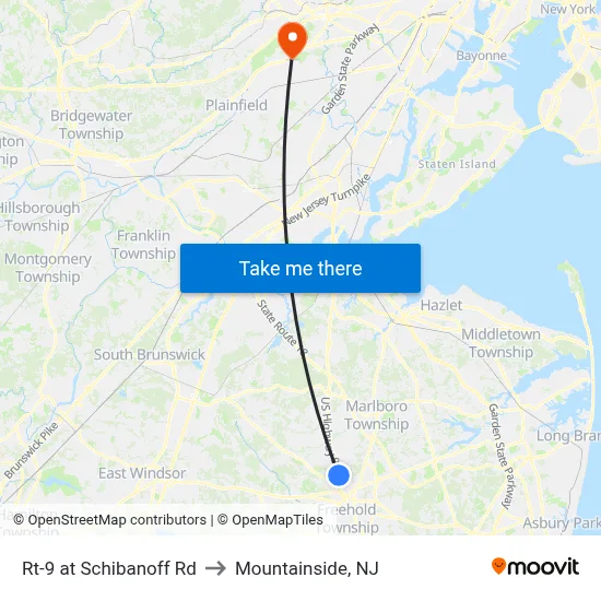 Rt-9 at Schibanoff Rd to Mountainside, NJ map