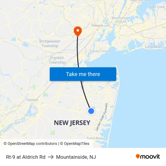 Rt-9 at Aldrich Rd to Mountainside, NJ map