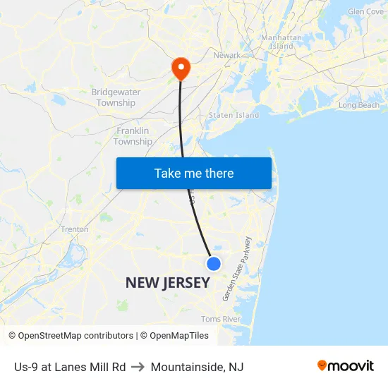 Us-9 at Lanes Mill Rd to Mountainside, NJ map
