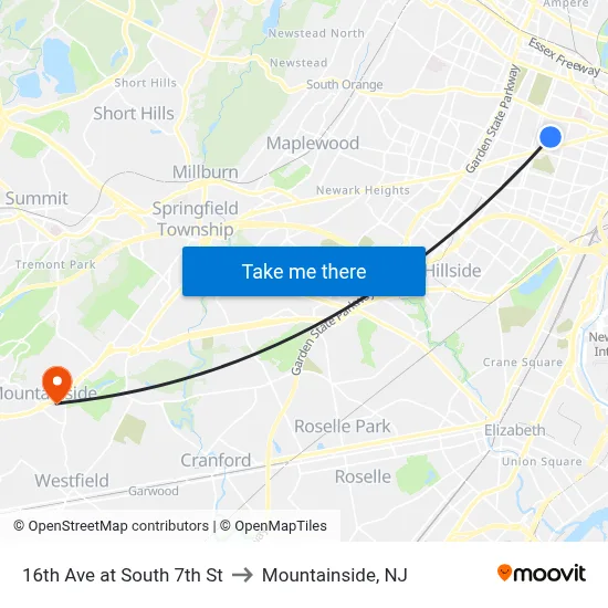 16th Ave at South 7th St to Mountainside, NJ map
