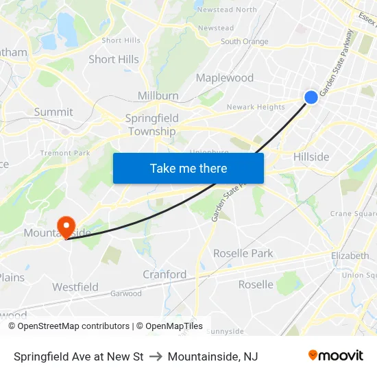 Springfield Ave at New St to Mountainside, NJ map