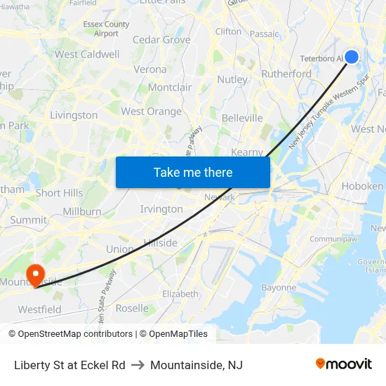 Liberty St at Eckel Rd to Mountainside, NJ map