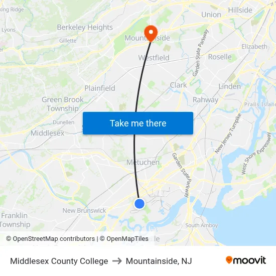 Middlesex County College to Mountainside, NJ map