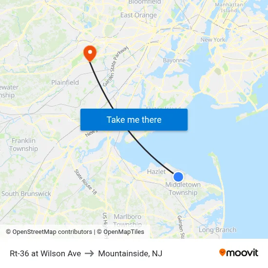 Rt-36 at Wilson Ave to Mountainside, NJ map