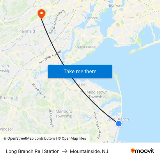 Long Branch Rail Station to Mountainside, NJ map
