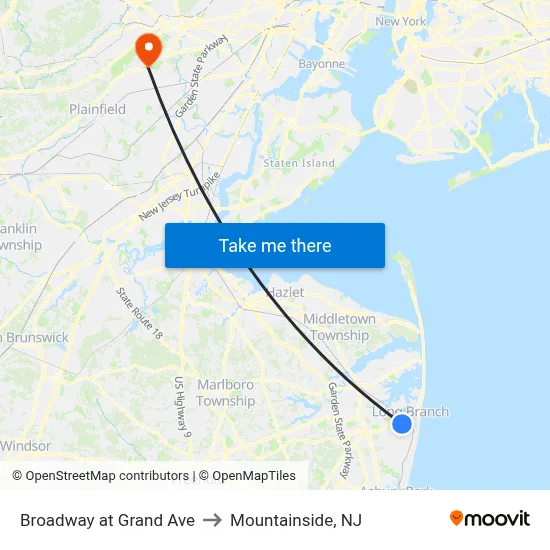 Broadway at Grand Ave to Mountainside, NJ map