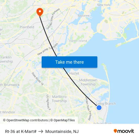 Rt-36 at K-Mart# to Mountainside, NJ map