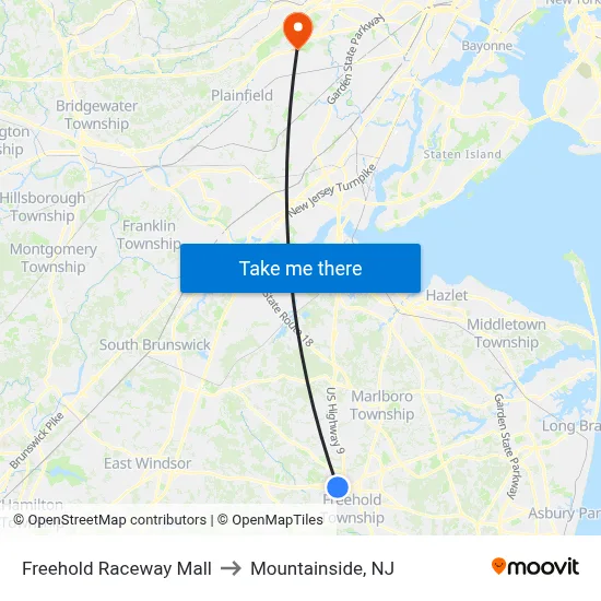 Freehold Raceway Mall to Mountainside, NJ map