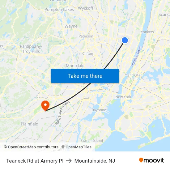 Teaneck Rd at Armory Pl to Mountainside, NJ map
