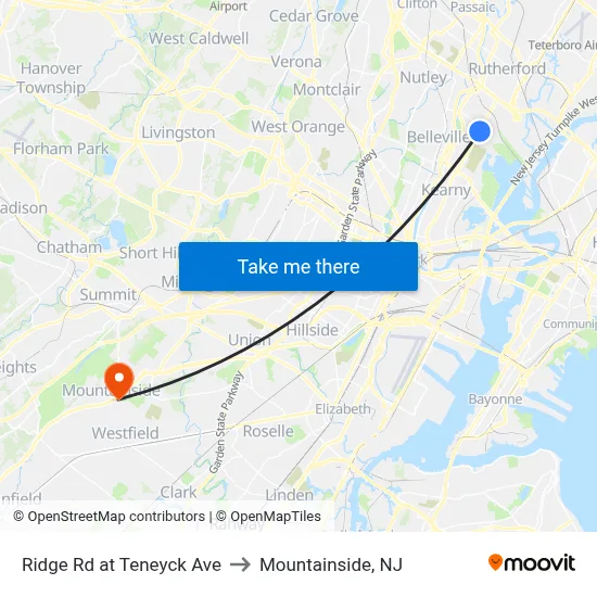 Ridge Rd at Teneyck Ave to Mountainside, NJ map