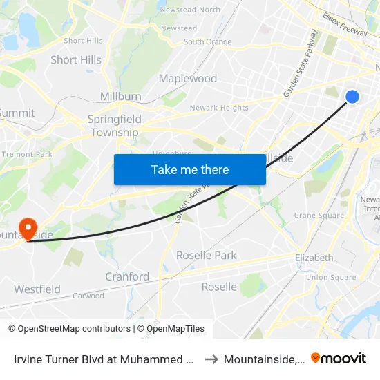 Irvine Turner Blvd at Muhammed Ali Ave to Mountainside, NJ map