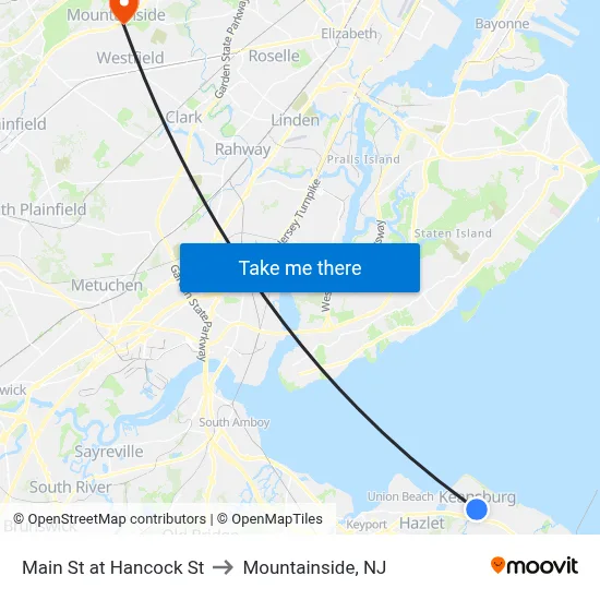 Main St at Hancock St to Mountainside, NJ map