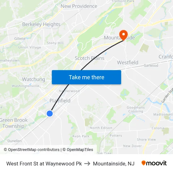 West Front St at Waynewood Pk to Mountainside, NJ map