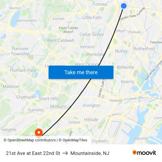 21st Ave at East 22nd St to Mountainside, NJ map