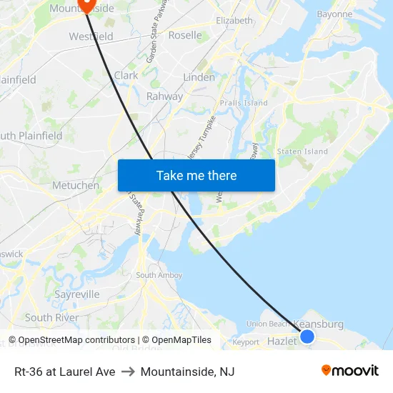 Rt-36 at Laurel Ave to Mountainside, NJ map