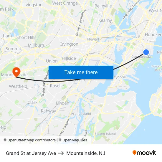 Grand St at Jersey Ave to Mountainside, NJ map