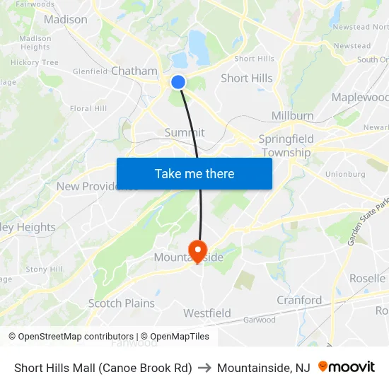 Short Hills Mall (Canoe Brook Rd) to Mountainside, NJ map