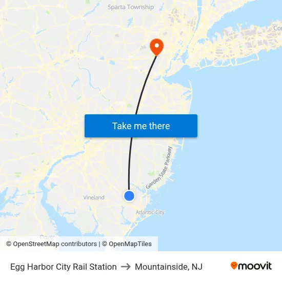 Egg Harbor City Rail Station to Mountainside, NJ map