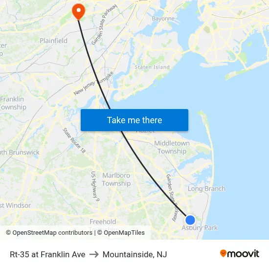 Rt-35 at Franklin Ave to Mountainside, NJ map