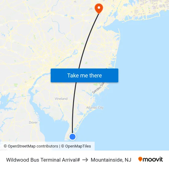Wildwood Bus Terminal Arrival# to Mountainside, NJ map