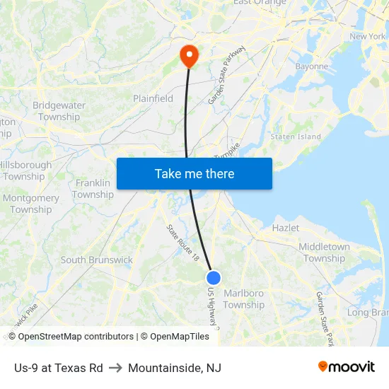 Us-9 at Texas Rd to Mountainside, NJ map