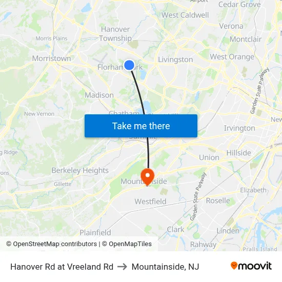 Hanover Rd at Vreeland Rd to Mountainside, NJ map