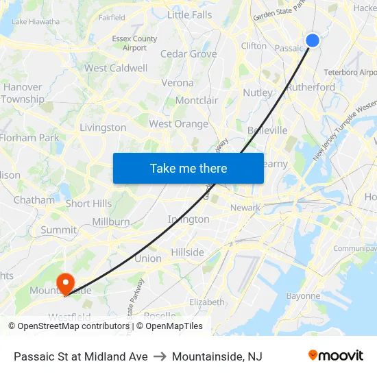 Passaic St at Midland Ave to Mountainside, NJ map