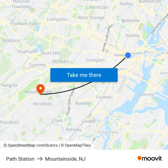 Path Station to Mountainside, NJ map
