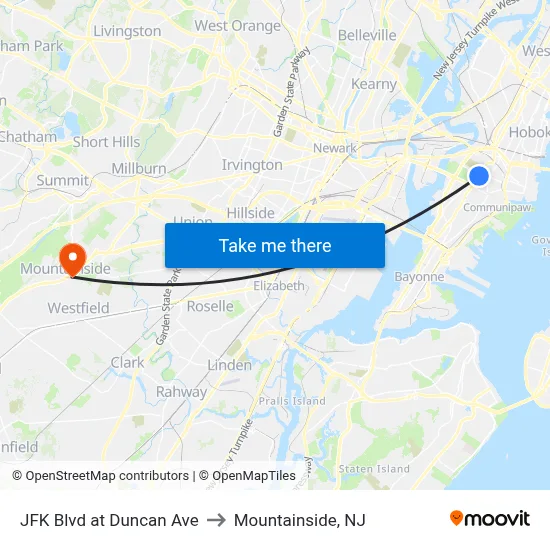 JFK Blvd at Duncan Ave to Mountainside, NJ map