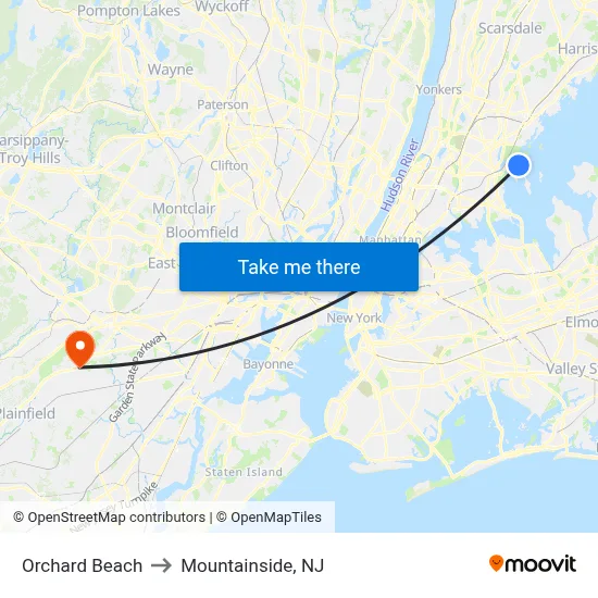 Orchard Beach to Mountainside, NJ map