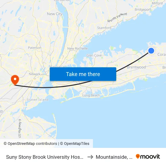 Suny Stony Brook University Hospital to Mountainside, NJ map