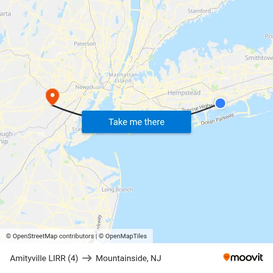 Amityville LIRR (4) to Mountainside, NJ map