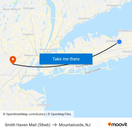 Smith Haven Mall (58wb) to Mountainside, NJ map