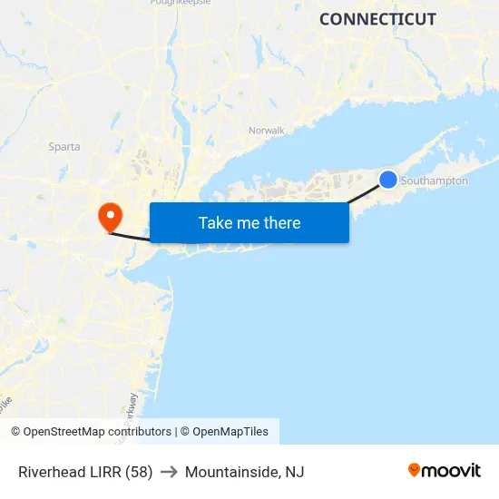 Riverhead LIRR (58) to Mountainside, NJ map