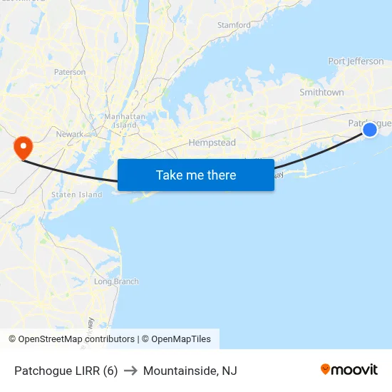 Patchogue LIRR (6) to Mountainside, NJ map