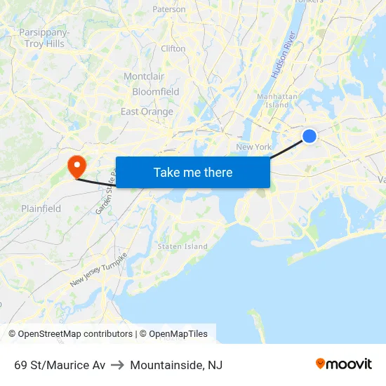 69 St/Maurice Av to Mountainside, NJ map