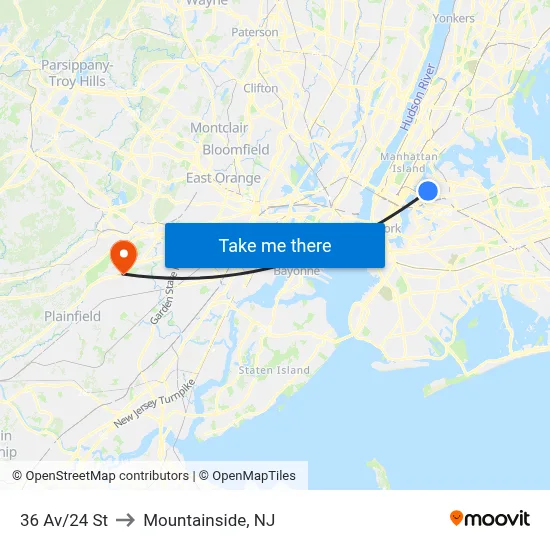 36 Av/24 St to Mountainside, NJ map